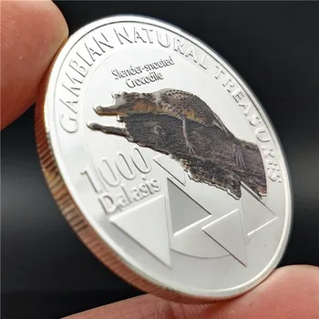 2015 Република Гамбия Животно 1000 Даласис Сребърна монета Природни съкровища на Крокодил е с тънка муцуна Цветни монети повикване