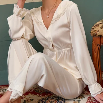 2023 Пролетно нова пижама Pour Femme нощница, Лейси пижама в Дворцов стил, Сатен домашно Облекло Laepl, Пижами с дълъг ръкав, пижама