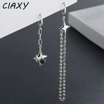 CIAXY Сребърни асиметрични обеци в формата на четырехконечной звезди за жени, прости висящи обеци на веригата с пискюли, картички и подаръци, украса за парти