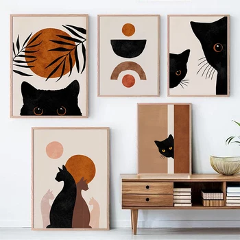 Абстрактни слънчеви чашата в стил бохо с принтом черни котки, стенно изкуство, декорация на детската стая, минималистичная неутрална картина върху платно с котка, плакат с модерен интериор, стаите в