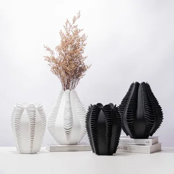 Ваза от смола с геометричен модел ламиниране, Огромната ваза за цветя, Черно-бял артефакт, цветен апарат, Вази за домашен интериор, саксии