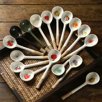 Керамична малка суповая лъжица в японски стил, лъжица от гранитогрес, Лъжица с дълга дръжка, Домакински скъпа креативна ориз лъжичка, прибори за готвене