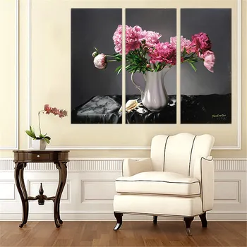 Комплект от 3 теми, Платно, розово цвете в бяла ваза, арт принт, начало декор, черен Фон, маслени бои за всекидневната, Безрамная