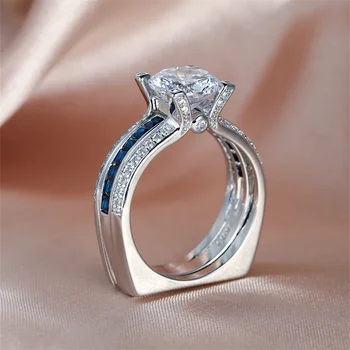 Луксозни кръгли сватбени комплекти от кралския син камък, Сребърен Цвят, на Годежен пръстен за двойки, Комплект за жени, мъжки бижута, подаръци
