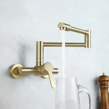 Месинг смесител за кухненска мивка стенен матиран златен, една дръжка, на две дупки, с кухненски смесител, подвижен чучур, Модерен дизайн, Високо Качество