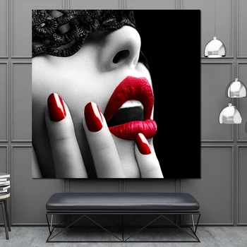 Модерни художествени плакати и щампи Секси женски червени устни и нокти Картина върху платно Стенни художествена картина за вашия интериор дневна