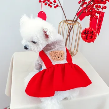 Модни дрехи за домашни кучета и котки зимата плюшевое топло памучни рокля за кученца Коледен мечка Червена пола Сладък дрехи за малки кучета Костюми