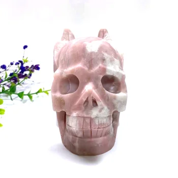 Натурален кристал високо качество ръчна дърворезба crystal розов опал череп с мухообразными уши за геомантических знамения и подаръци YJL