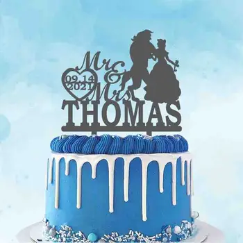 Персонализирани Topper За Сватбената Торта Потребителското си Име г-н г-жа Дата на Сватбата Красавицата и Звяра Topper За Торта За Сватбеното Парти Украса на Тортата