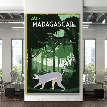 Плакат за пътуване на Мадагаскару, Стенно Изкуство Мадагаскар, Принт за Пътуване На Мадагаскару, Принт С Лемуром, Платно за домашен интериор в ретро стил, Уникален подарък