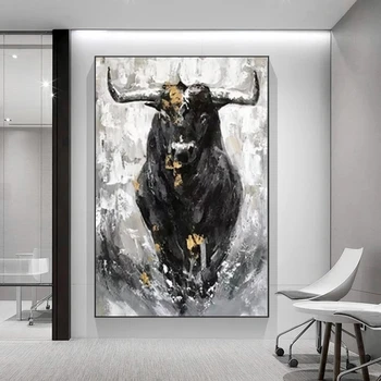 Плакати с образа на черен бик и животни; отпечатъци върху платно; съвременните художествени стенни картини за дневната; декор на домашен офис; Куадрос без рамка