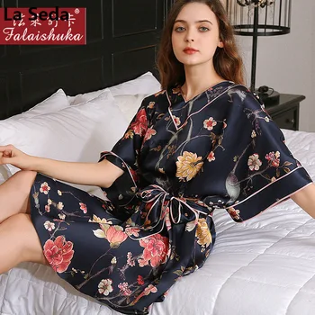 По-големи размери, нощни ризи от 100% естествена коприна тутового дърво, дамски летни качествени секси рокли за сън с цветен модел, нощница, дамски широки дрехи за сън S5675