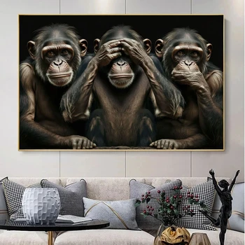 Три мъдри маймуни, художествен портрет, плакати, печат върху платно, стенни модел с животни, картина за хола, начало декор, Cuadros